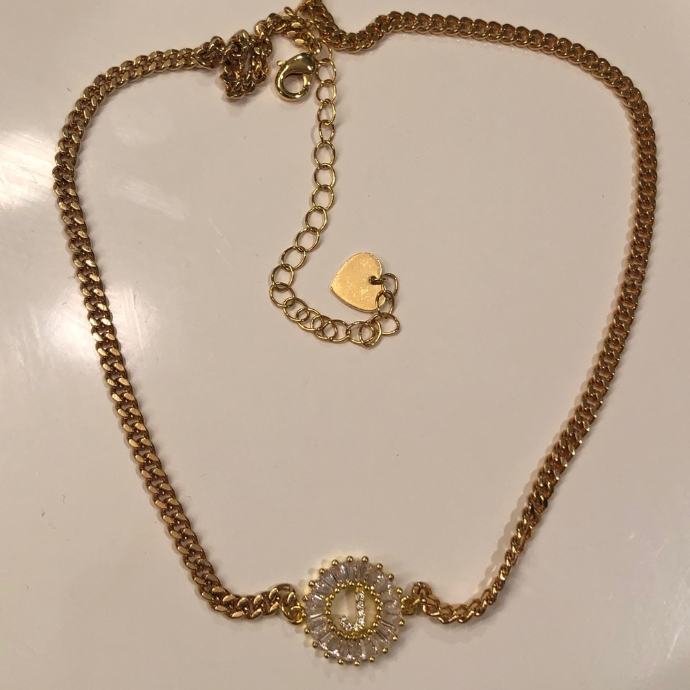 J Initial gold choker necklace rhinestones